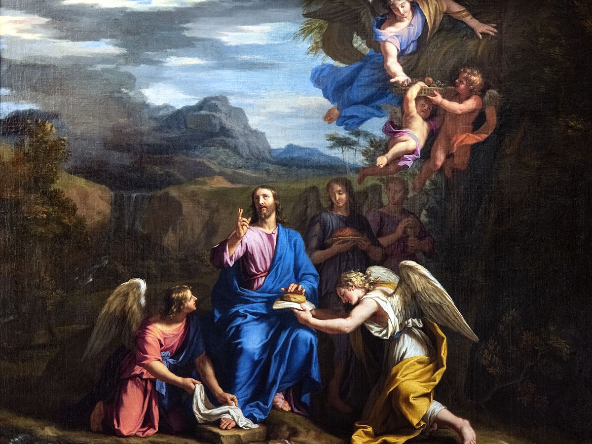 Jean-Baptiste de Champaigne's painting Christ in the Desert Served by Angels: angels kneeling to bring bread to Christ seated in a mountain landscape