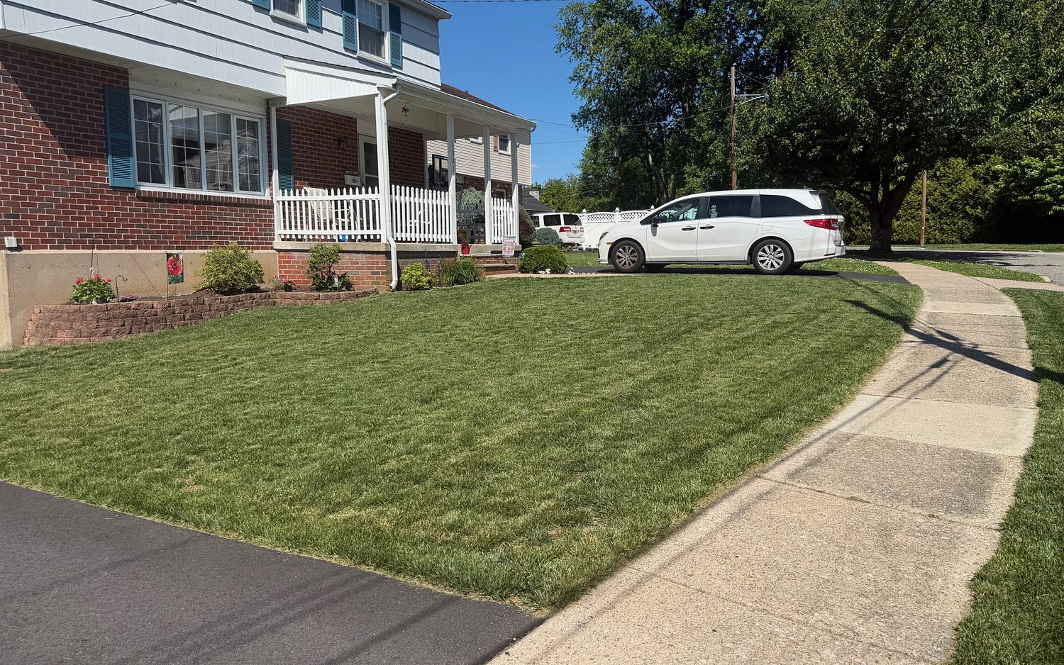 Curved concrete front walkway in Havertown, PA before washing, gray and darkened down the center