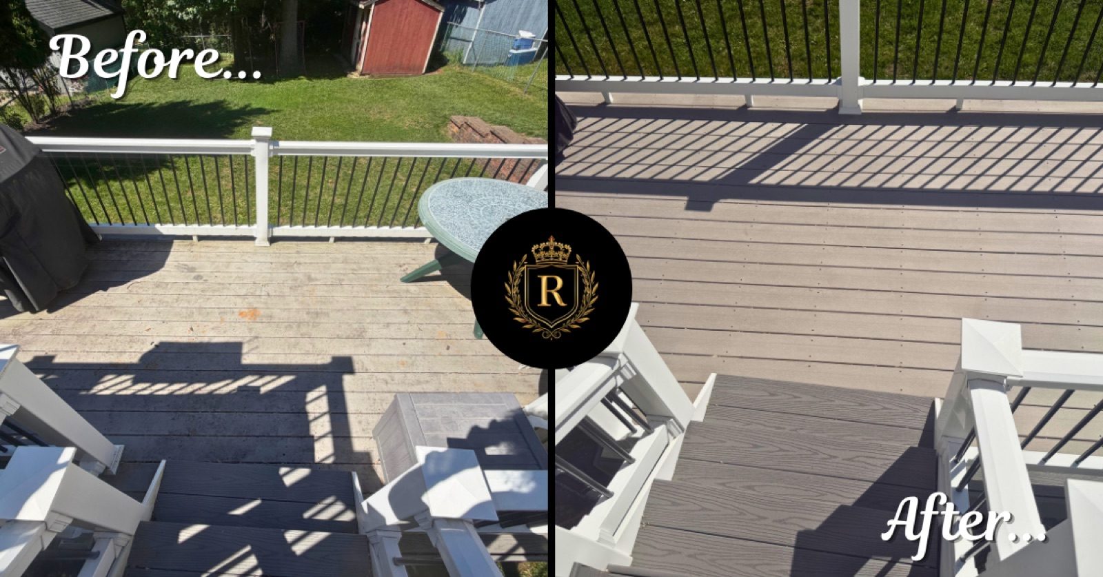 Before and after soft washing of a composite deck with white railings on a Havertown, PA home by Regent Wash