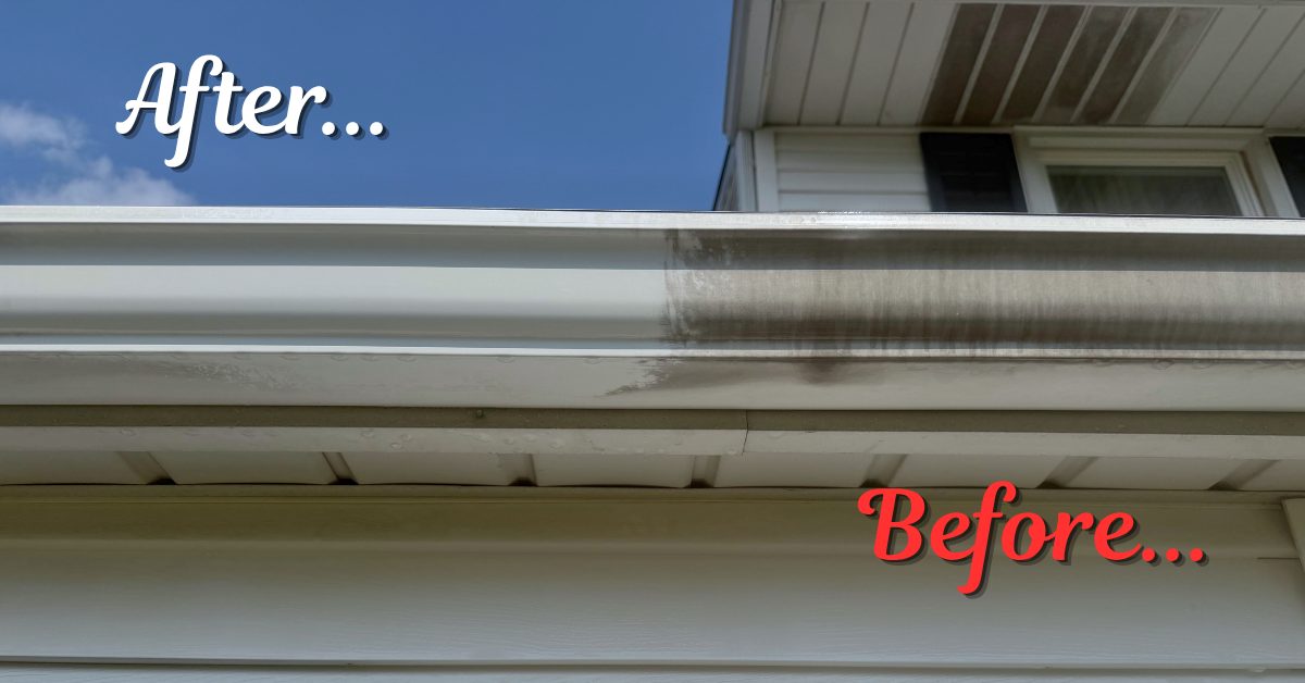 Before and after gutter brightening on a Hatboro, PA home by Regent Wash