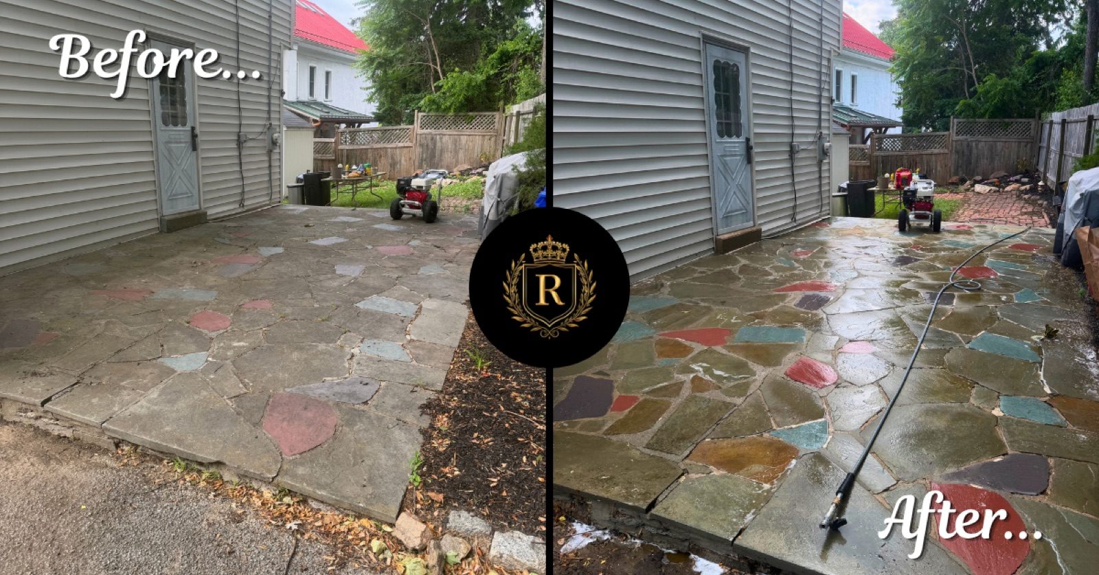 Before and after patio washing of a flagstone patio in Havertown, PA, showing years of grime removed and the natural stone color restored