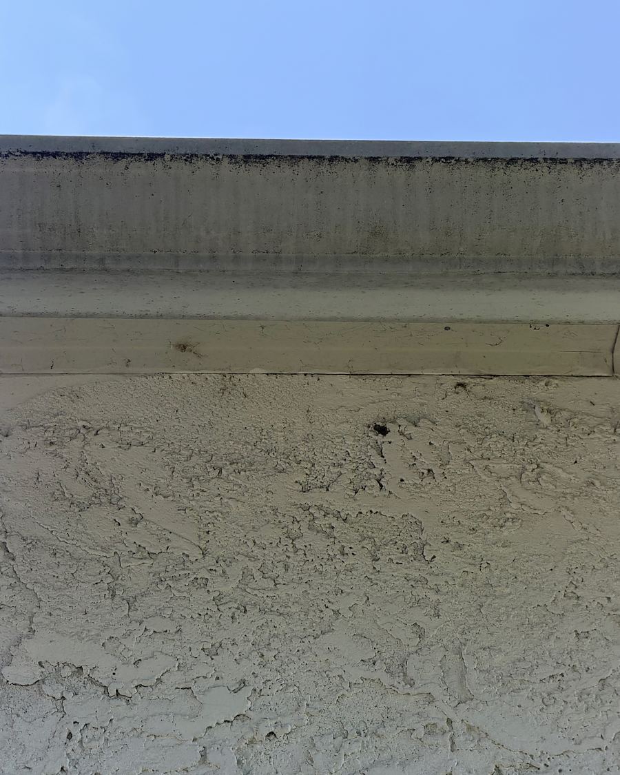 Gutter face and soffit line heavily soiled with black buildup before gutter brightening