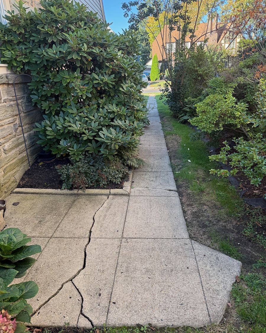 Cracked concrete side walkway beside a stone house in Drexel Hill, PA before washing, the slabs a flat gray